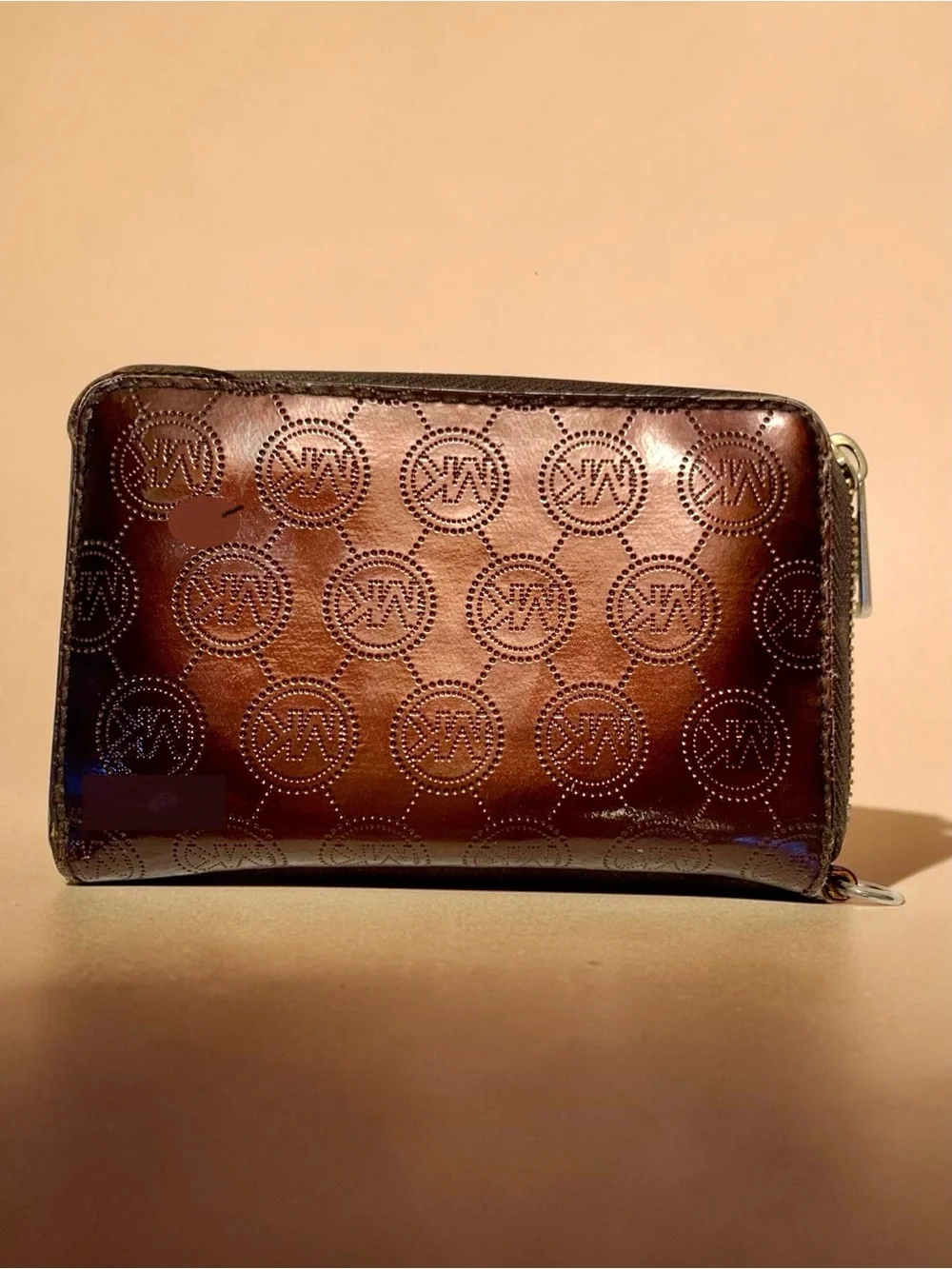 Michael Kors Brown Patent Logo Zip-Around Wallet with Gold Plaque